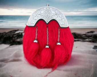 Red Rabbit Fur Sporran: Scottish Highland Dress Bag with Thistle Cantle