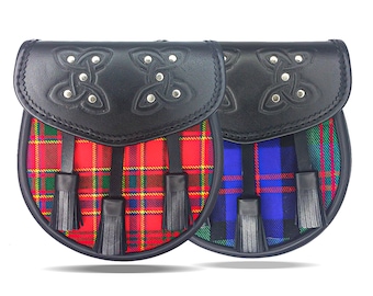 Handmade Tartan Kilt Sporran: Black Leather Scottish Bag with Chain