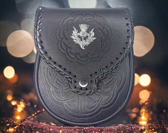 Handmade Scottish Thistle Sporran: Black Leather Kilt Bag with Chain
