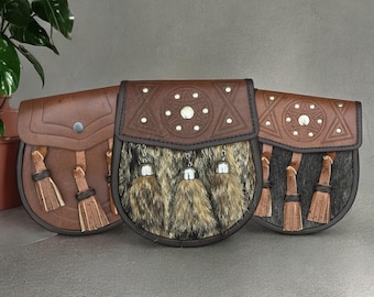 Sporran de cuero con relieve celta para kilt – Bolsa escocesa semiformal