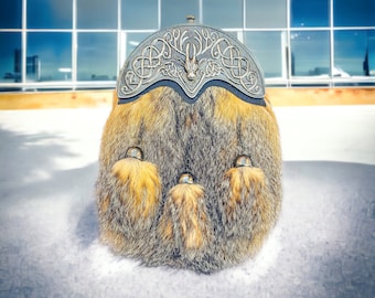 Scottish Sporran: Brown Fox Fur, Celtic Stag, Antique Cantle