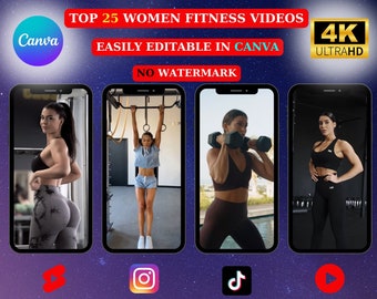 May include: A collage of four smartphone screens showing women working out in a gym. The screens are labeled with social media icons for Instagram, TikTok, and YouTube. The text "TOP 25 WOMEN FITNESS VIDEOS" is at the top of the image. The text "EASILY EDITABLE IN CANVA" is below the title. The text "NO WATERMARK" is below the second line of text. The text "FOR ALL SOCIAL MEDIA PLATFORMS" is below the screens. The text "TRENDING", "SUCCESS", and "BUNDLE" are below the fourth line of text. The text "4K ULTRAHD" is in the top right corner of the image.
