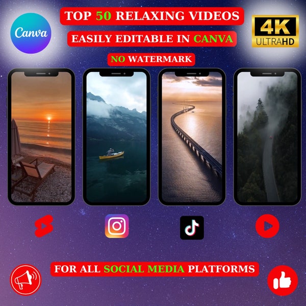 Top 50 Relaxing  Video Canva Editable.Instagram Youtube |Shorts|Tiktok|Reels| Nature,Sea,Woods,Lake,Sky,Travel,Tranquility etc... 4k Full HD