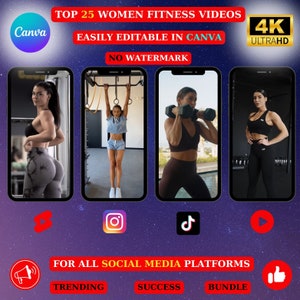 Top 25 Women Fitness Video Canva Editable. Instagram |Shorts|Tiktok|Facebook|Reels| Girl Motivation,Workout,Training,Exercise,Gym 4k Full HD