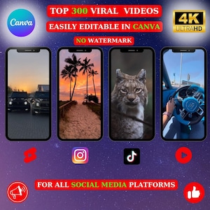 Top 300 Viral Videos Canva Editable. Instagram Youtube |Shorts|Tiktok|Reels|Nature,Animals,Luxury Lifes,Fun,Landscape Bundle 4k Full HD