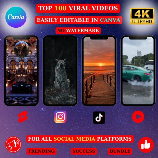 Top 100 Viral Video Canva Editable. Instagram |Shorts|Tiktok|Reels|.Luxury Cars,Riches Animals,Nature,Relaxing,Trending Bundle 4k Full HD