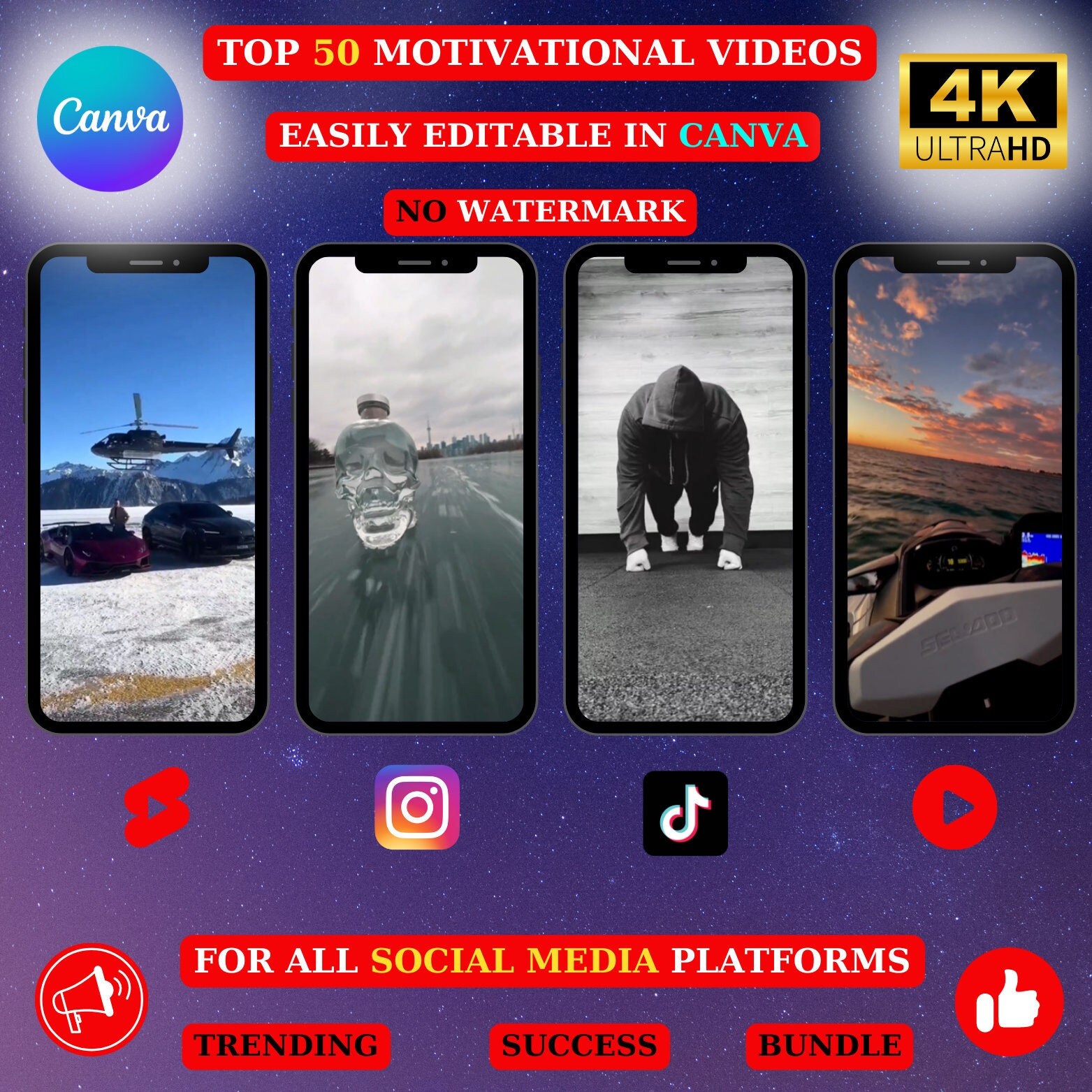 Top 50 Motivational Video Canva Editable. Instagram | YouTube Shorts | Tiktok | Facebook | Reels | Lifestyle,Cars,Riches,Wealthy 4k Full HD