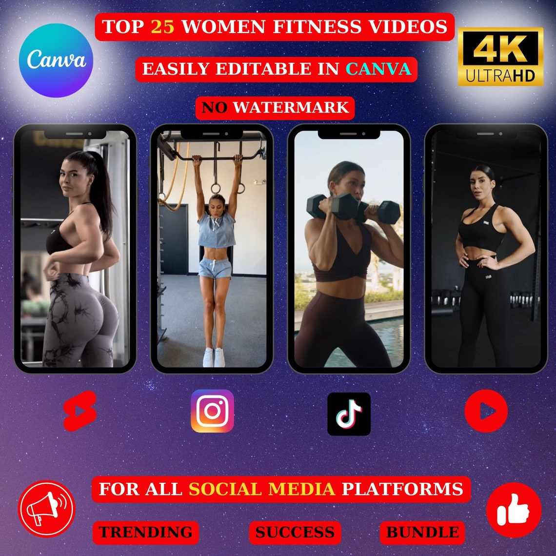 Top 25 Women Fitness Video Canva Editable. Instagram