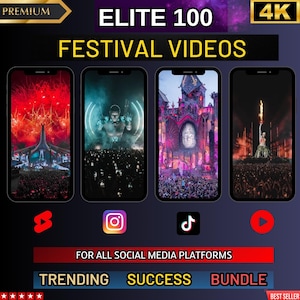 May include: A digital marketing product featuring 100 4K festival videos for social media platforms. The image shows four screenshots of different festival scenes, including a stage with fireworks, a DJ, a large stage with a crowd, and a stage with a performer. The text "ELITE 100 FESTIVAL VIDEOS" is displayed in yellow on a black background. The text "PREMIUM" is displayed in white on a black background. The text "4K" is displayed in white on a black background. The text "FOR ALL SOCIAL MEDIA PLATFORMS" is displayed in white on a black background. The text "TRENDING SUCCESS BUNDLE" is displayed in white on a black background. The text "BEST SELLER" is displayed in white on a black background.