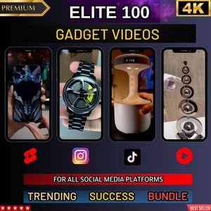 May include: A collection of four short videos showcasing different gadgets. The videos are displayed on smartphone screens. The gadgets include a black phone case with a geometric design, a black watch with a silver face, a white lamp with a water feature, and a silver metal sculpture with a series of spheres.