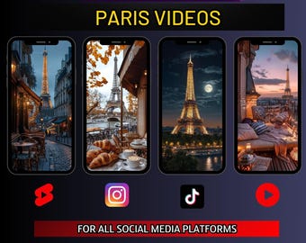 May include: A collage of four images showing the Eiffel Tower in Paris, France. The images are displayed on smartphone screens. The text "EXCLUSIVE 50 PARIS VIDEOS" is at the top of the collage. The text "FOR ALL SOCIAL MEDIA PLATFORMS" is below the images. The text "TRENDING SUCCESS BUNDLE" is at the bottom of the collage.