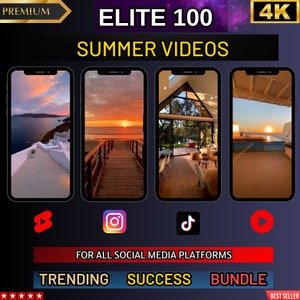 May include: An advertisement for "ELITE 100 SUMMER VIDEOS" displayed on four smartphone screens. The screens showcase scenic summer views. The image includes social media platform logos and text that reads "FOR ALL SOCIAL MEDIA PLATFORMS", "TRENDING", "SUCCESS", and "BUNDLE".