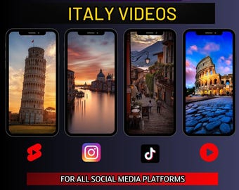 May include: A collage of four images showcasing the beauty of Italy. The images feature the Leaning Tower of Pisa, a canal in Venice, a cobblestone street in a small town, and the Colosseum in Rome. The text "BEST 50 ITALY VIDEOS" is displayed above the images. The text "FOR ALL SOCIAL MEDIA PLATFORMS" is displayed below the images. The text "TRENDING SUCCESS BUNDLE" is displayed below the text "FOR ALL SOCIAL MEDIA PLATFORMS".