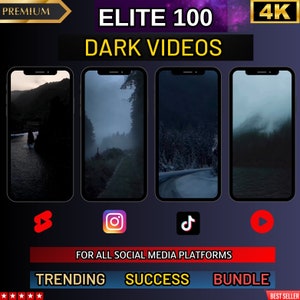 Puede incluir: Un paquete de productos de marketing digital que incluye 100 videos oscuros en resolución 4K. Los videos son adecuados para usar en plataformas de redes sociales como TikTok, Instagram y YouTube. El producto está etiquetado como "Elite 100 Dark Videos" y se describe como "Tendencia, Éxito, Paquete".