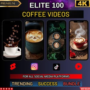 Puede incluir: Un producto de marketing digital que ofrece 100 vídeos con temática de café en resolución 4K. La imagen muestra cuatro previsualizaciones de vídeo diferentes, cada una con un diseño de café único. El texto "ELITE 100 COFFEE VIDEOS" se muestra en la parte superior de la imagen.