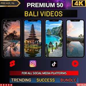 May include: A digital product listing for 50 premium 4K Bali videos. The image shows four different video previews of Bali landscapes, including a temple, a beach, and a pool. The text "PREMIUM 50 BALI VIDEOS 4K" is displayed at the top of the image. The text "FOR ALL SOCIAL MEDIA PLATFORMS" is displayed below the video previews. The text "TRENDING SUCCESS BUNDLE" is displayed at the bottom of the image.