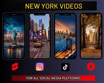 May include: A digital marketing product bundle featuring 50 4K videos of New York City. The videos are ideal for use on social media platforms like TikTok, Instagram, and YouTube. The bundle is labeled "Exclusive 50" and "Premium".