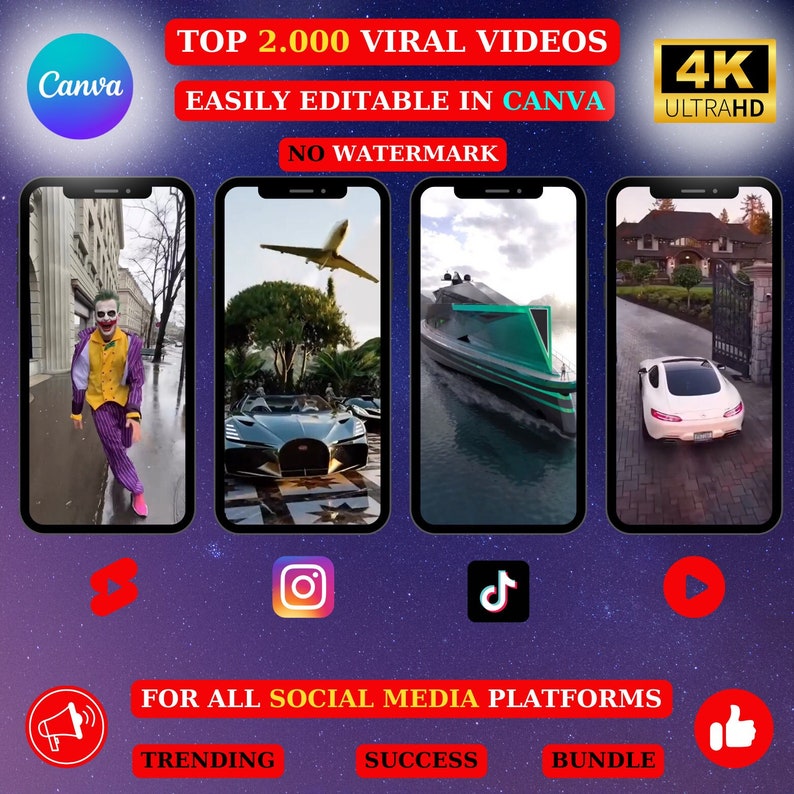 May include: A collage of four phone screens showcasing viral video content. The screens feature a person dressed as the Joker, a luxury car, a yacht, and a white car driving down a driveway. The text "TOP 2,000 VIRAL VIDEOS" is at the top of the image. The text "EASILY EDITABLE IN CANVA" is below the title. The text "NO WATERMARK" is below the second line of text. The text "FOR ALL SOCIAL MEDIA PLATFORMS" is at the bottom of the image. The text "TRENDING", "SUCCESS", and "BUNDLE" are below the text "FOR ALL SOCIAL MEDIA PLATFORMS". The text "4K ULTRAHD" is in the top right corner of the image.