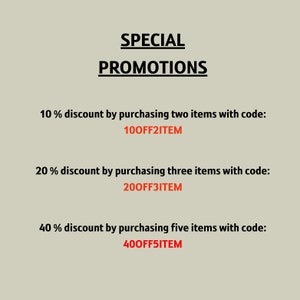 May include: A graphic with the text "SPECIAL PROMOTIONS" and three discount offers. The first offer is for 10% off when purchasing two items with code "100FF2ITEM". The second offer is for 20% off when purchasing three items with code "200FF3ITEM". The third offer is for 40% off when purchasing five items with code "400FF5ITEM".