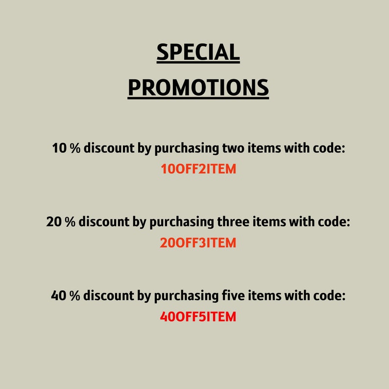 May include: A graphic with the text "SPECIAL PROMOTIONS" and three discount offers. The first offer is for 10% off when purchasing two items with code "100FF2ITEM". The second offer is for 20% off when purchasing three items with code "200FF3ITEM". The third offer is for 40% off when purchasing five items with code "400FF5ITEM".