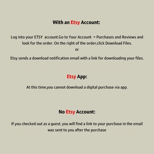 May include: Instructions on how to download digital purchases from Etsy, with separate sections for Etsy account holders, Etsy app users, and those who checked out as guests.