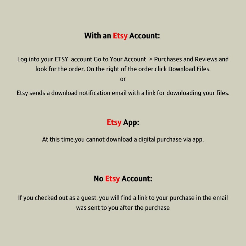 May include: Instructions on how to download digital purchases from Etsy, with separate sections for Etsy account holders, Etsy app users, and those who checked out as guests.