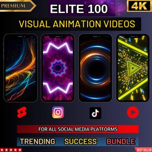 Op de afbeelding: Een verzameling van 100 4K-visualisatie-animatievideo's voor sociale media. De afbeelding toont vier verschillende videovoorbeelden met kleurrijke abstracte ontwerpen. De tekst "ELITE 100 VISUAL ANIMATION VIDEOS" wordt bovenaan de afbeelding weergegeven. De tekst "FOR ALL SOCIAL MEDIA PLATFORMS" wordt onder de videovoorbeelden weergegeven. De tekst "TRENDING SUCCESS BUNDLE" wordt onderaan de afbeelding weergegeven.