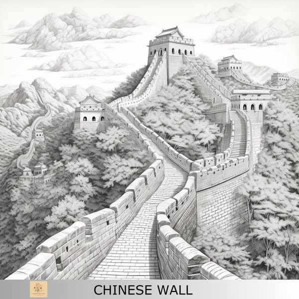 1 Greyscale Chinese wall CHINA printable coloring page, Printable Adult Coloring Page, Download CHINA Greyscal