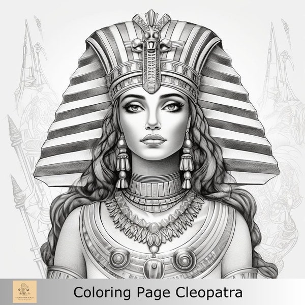 1 Greyscale Cleopatra Egypt printable coloring page, Printable Adult Coloring Page, Download Greyscale Illustration