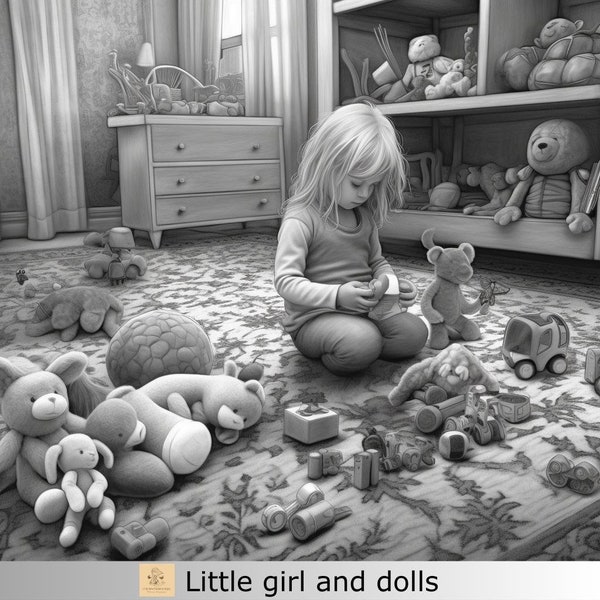 1 Greyscale Little girls with dolls printable coloring page, Printable Adult Coloring Page,Download Greyscale girl Image