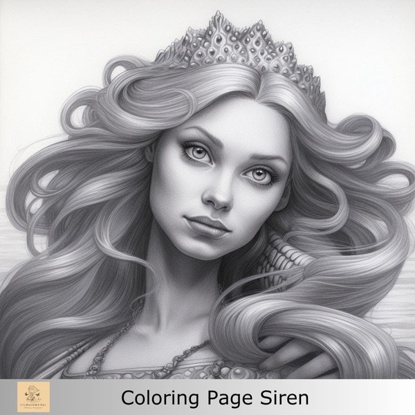 1 Greyscale Siren printable coloring page, Printable Adult Coloring Page,Download Greyscale Illustration