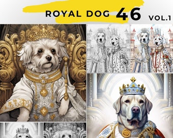 46 ROYAL DOG, Animals coloring, King dog coloring page, Grayscale Adult Coloring Book,  download Greyscale animal