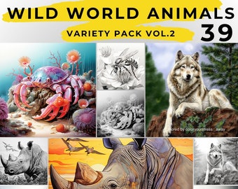 39 Wild World Animals Adult Coloring Book,Grayscale coloring Variety Pack for Relaxation, Perfect Gift for Animal Lovers