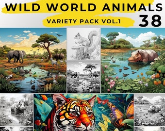 38 Wild World Animals Adult Coloring Book,Grayscale coloring Variety Pack for Relaxation, Perfect Gift for Animal Lovers