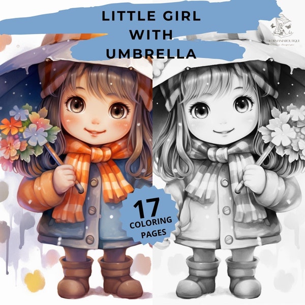 17 Greyscale little girl with umbrella coloring book,Printable Adult Coloring Pages,Download Greyscale girl Illustration