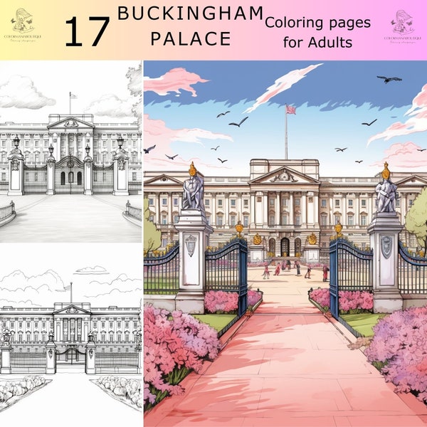 17 Greyscale Adult coloring book, BUCKINGHAM PALACE sheets, Printable Adult Coloring Pages, Greyscale image,UK landscape