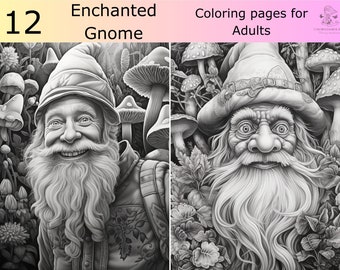 12 Greyscale Enchanted Gnomes printable coloring book, Printable Adult Coloring Pages, Greyscale  gnome Illustration png