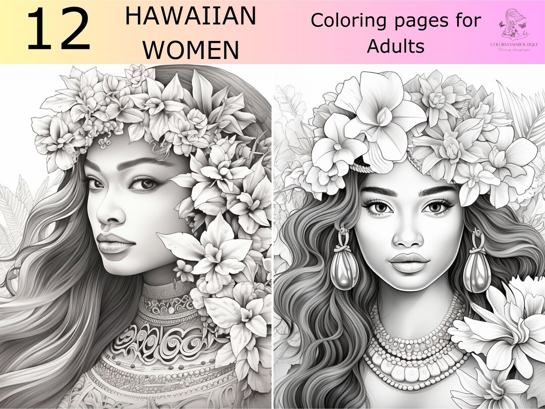 12 Greyscale Hawaiian Woman Coloring Book, Printable Adult Coloring ...