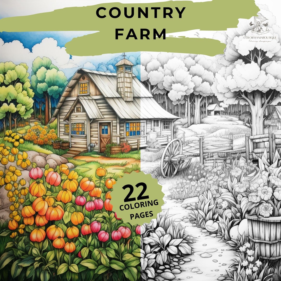 22 Grijswaarden Country Farm kleurboek afdrukbare kleurplaten Etsy
