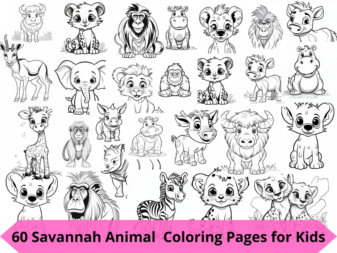 60 Savannah Animal Coloring Book, Animalthemed Printable Kids Coloring
