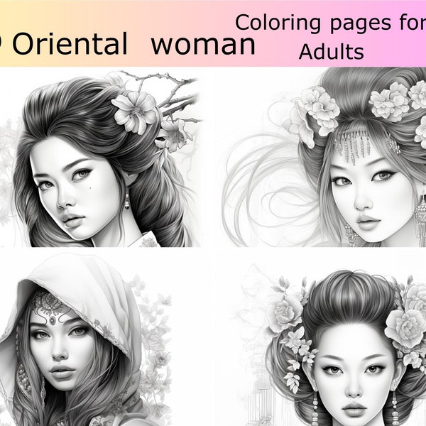 16 Greyscale Oriental women images printable coloring book, Printable Adult Coloring Pages, Download Japanese Illustration png