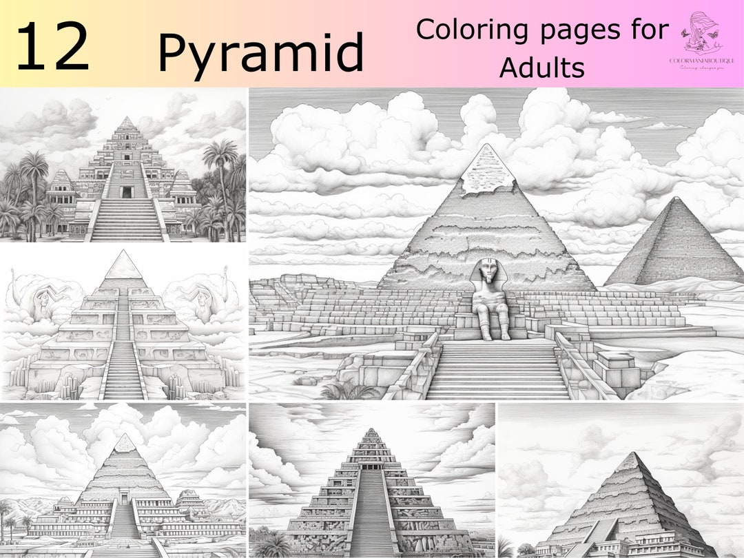 12 Greyscale Egyptian Pyramids Printable Coloring Book,printable Adult ...