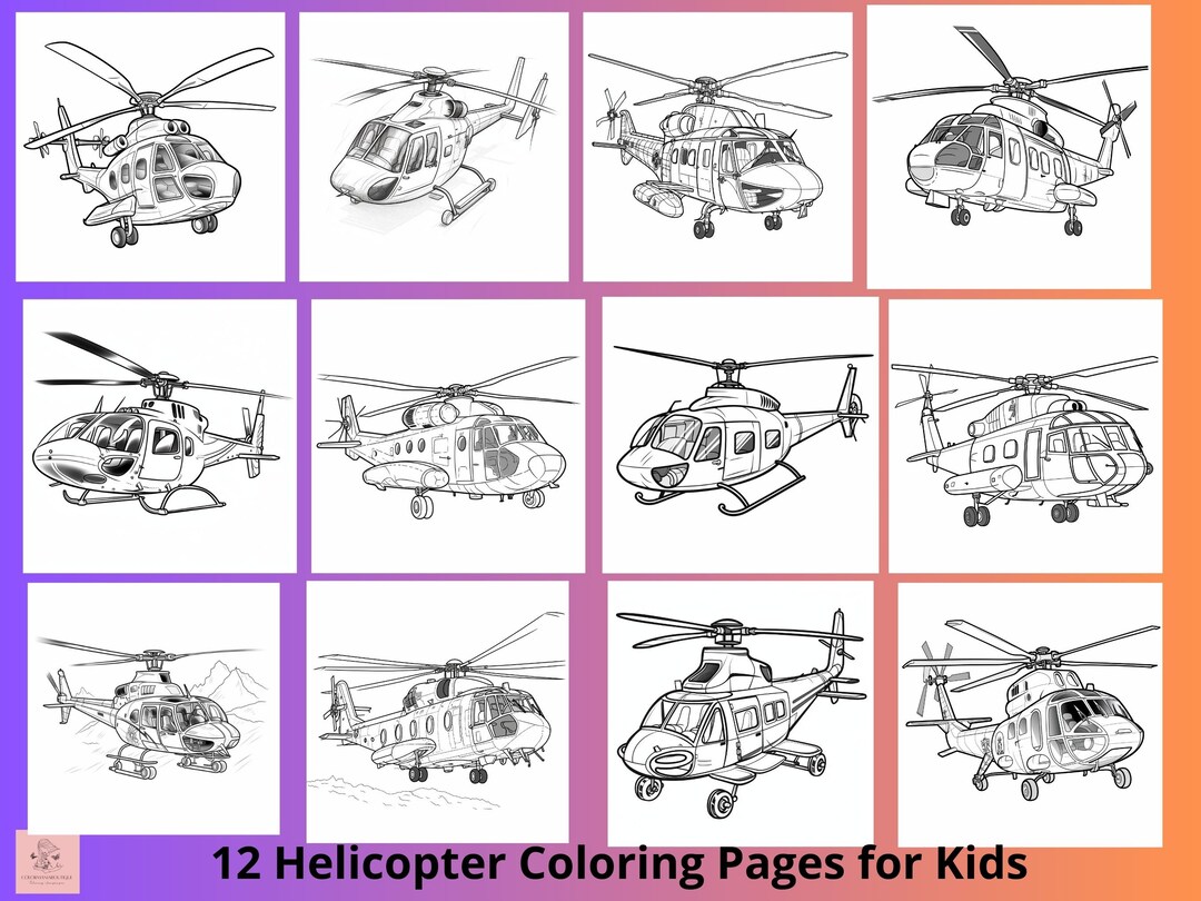 12 Helicopter Printable Coloring Sheet for Kids, Air Travel Printable ...