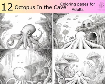 12 Greyscale Octopus in the cave printable coloring book, Printable Adult Coloring Pages, Greyscale fish Illustration