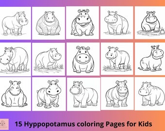 12 Hippo coloring book, animal printable kids coloring pages, Educational activity sheets for kids, preschoolers pages