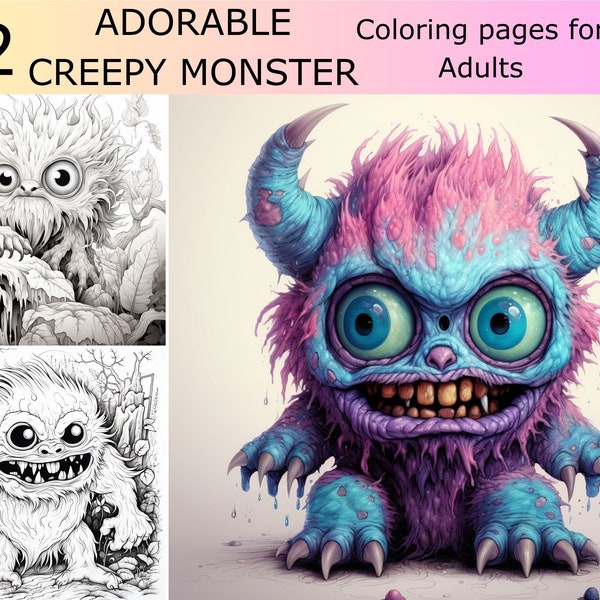 32  Greyscale Creepy Monster coloring book, Printable Adult Creepy Coloring Pages, Download Greyscale Images