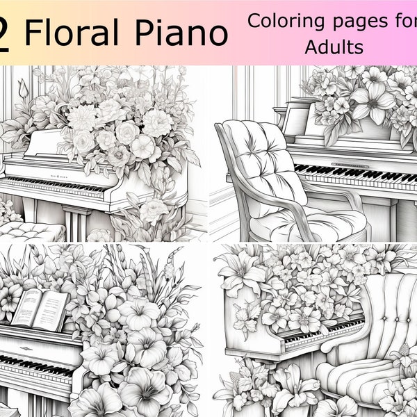 12 Greyscale floral piano printable coloring book, Printable Adult Coloring Pages, Download Greyscale music Illustration