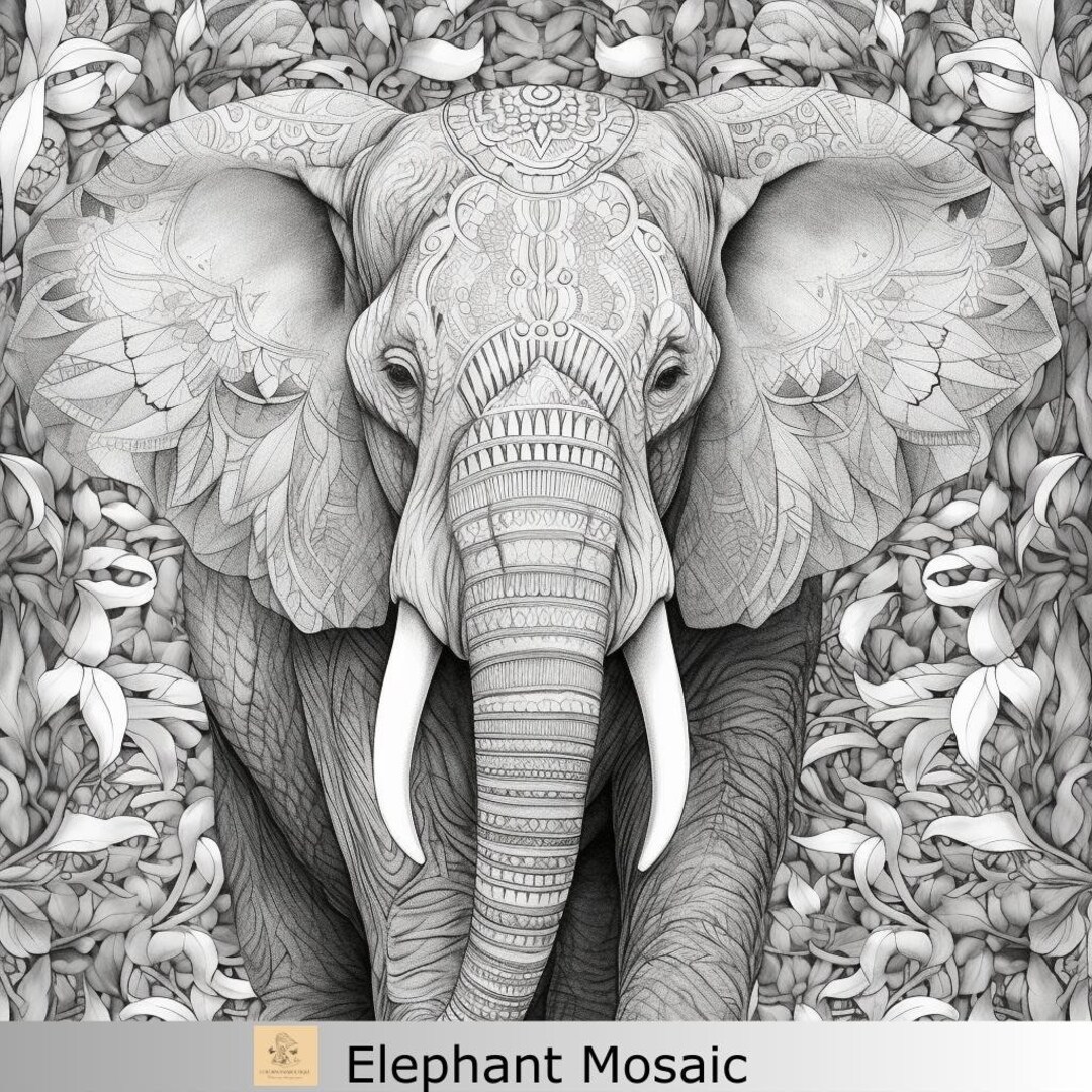 1 Greyscale Mosaic Elephant Printable Coloring Page, Printable Adult Coloring Page,download ...