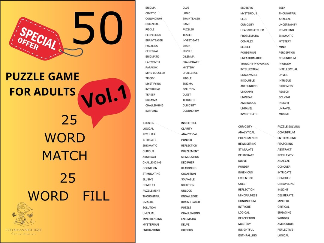 50 Puzzle Games Printable For Adults VOLUME 1word Fill Word Etsy