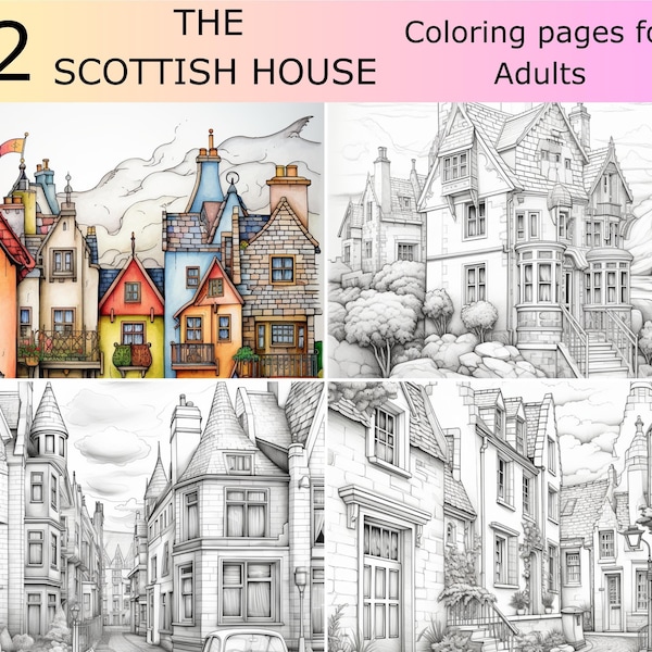 22 Greyscale Adult coloring book, The Scottish house sheets,Printable Adult Coloring Pages, Greyscale image,UK landscape